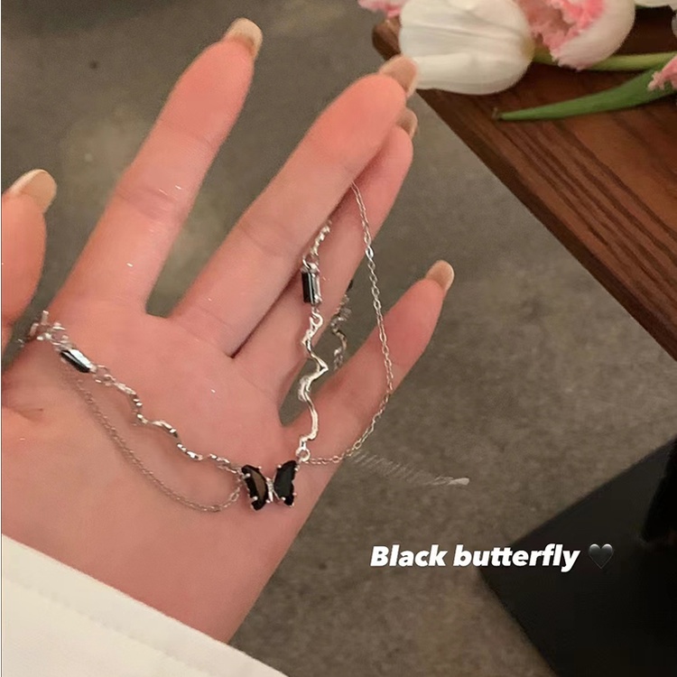 Yeezii Fashion Gelombang Double Layer Kalung Hitam Kupu-Kupu Rantai Perak Choker Untuk Aksesoris Perhiasan Wanita