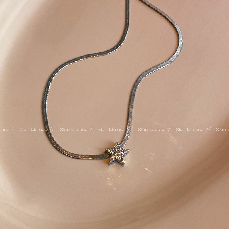 Ifyou Kalung Rantai Silver Tulang Ular Choker Liontin Bintang Kristal Sederhana Untuk Aksesoris Perhiasan Wanita