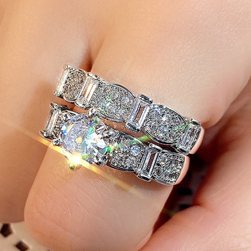 2pcs/set Cincin Kawin Wanita Mewah AAA Cubic Zirconia Kristal Rings High Quality Fashion Jewelry