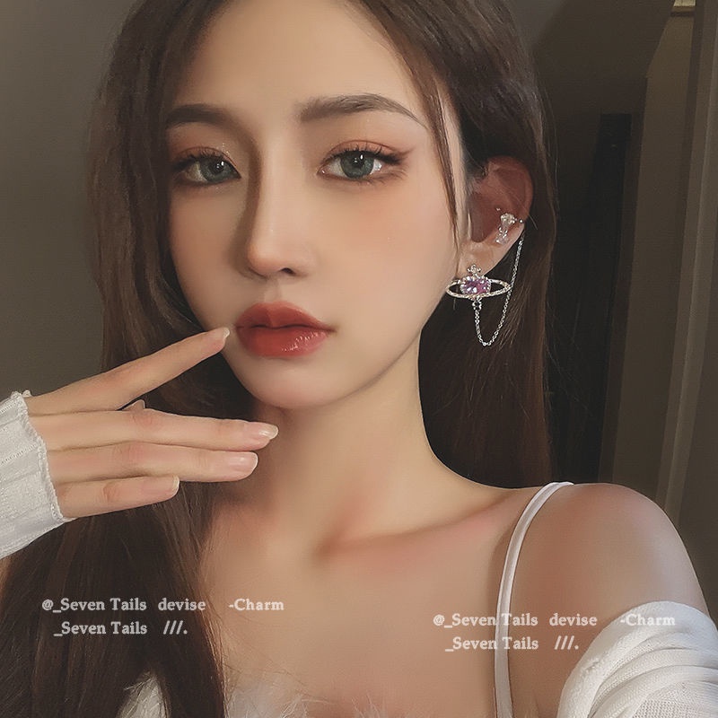 Anting Klip Hati Planet Berlian Imitasi Fashion Untuk Wanita