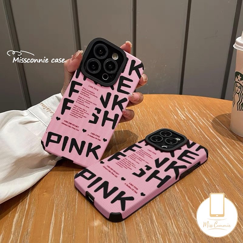 Casing Tekstur Kulit Mewah Kompatibel Untuk iPhone 7Plus XR 14 11 13 12 Pro MAX X 7 8 Plus XS MAX Retro Trendi Merek Simple Pink Huruf Inggris Lembut Silicon Phone Cover