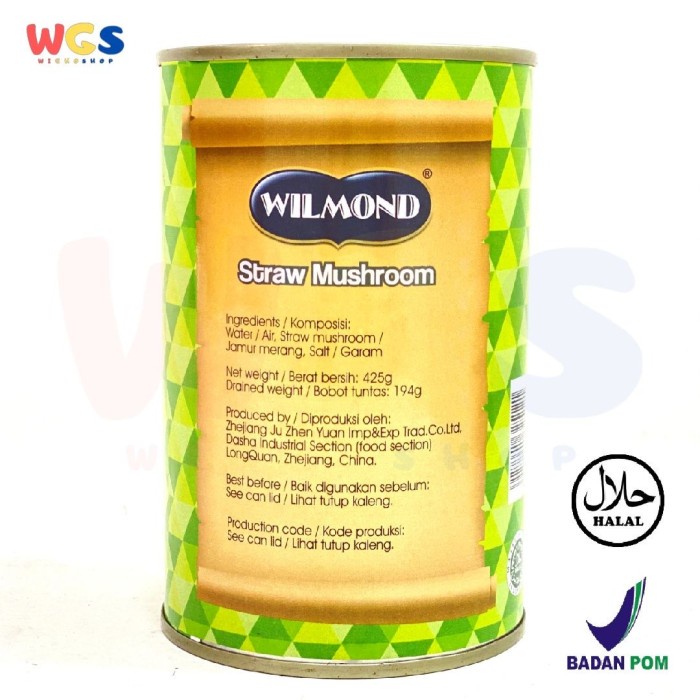 Wilmond Whole Peeled Straw Mushroom in Brine 425 gr - Jamur Merang