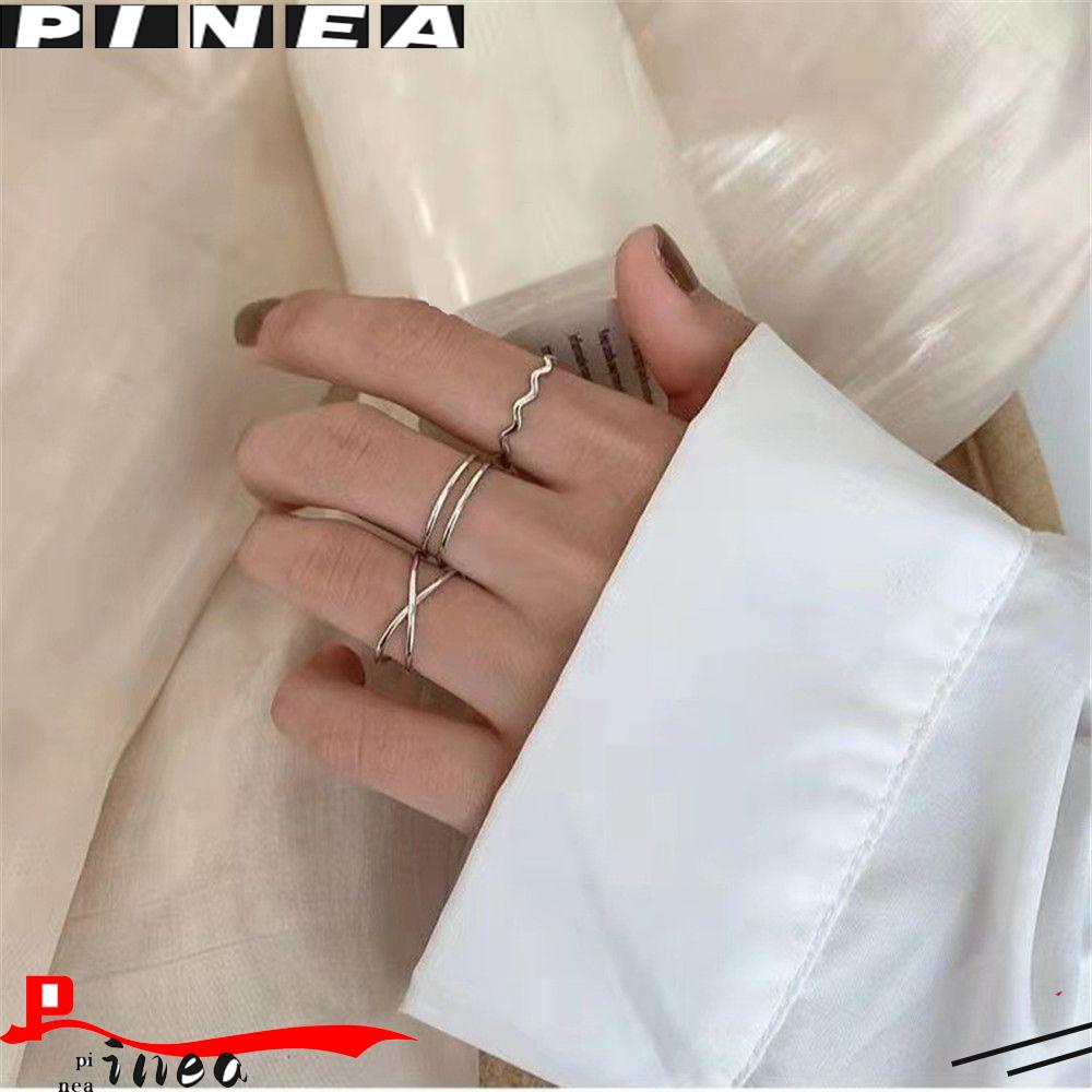 Nanas 3PCS/Set Cincin Wanita Set Sliver Color Perhiasan Aesthetic Trendy