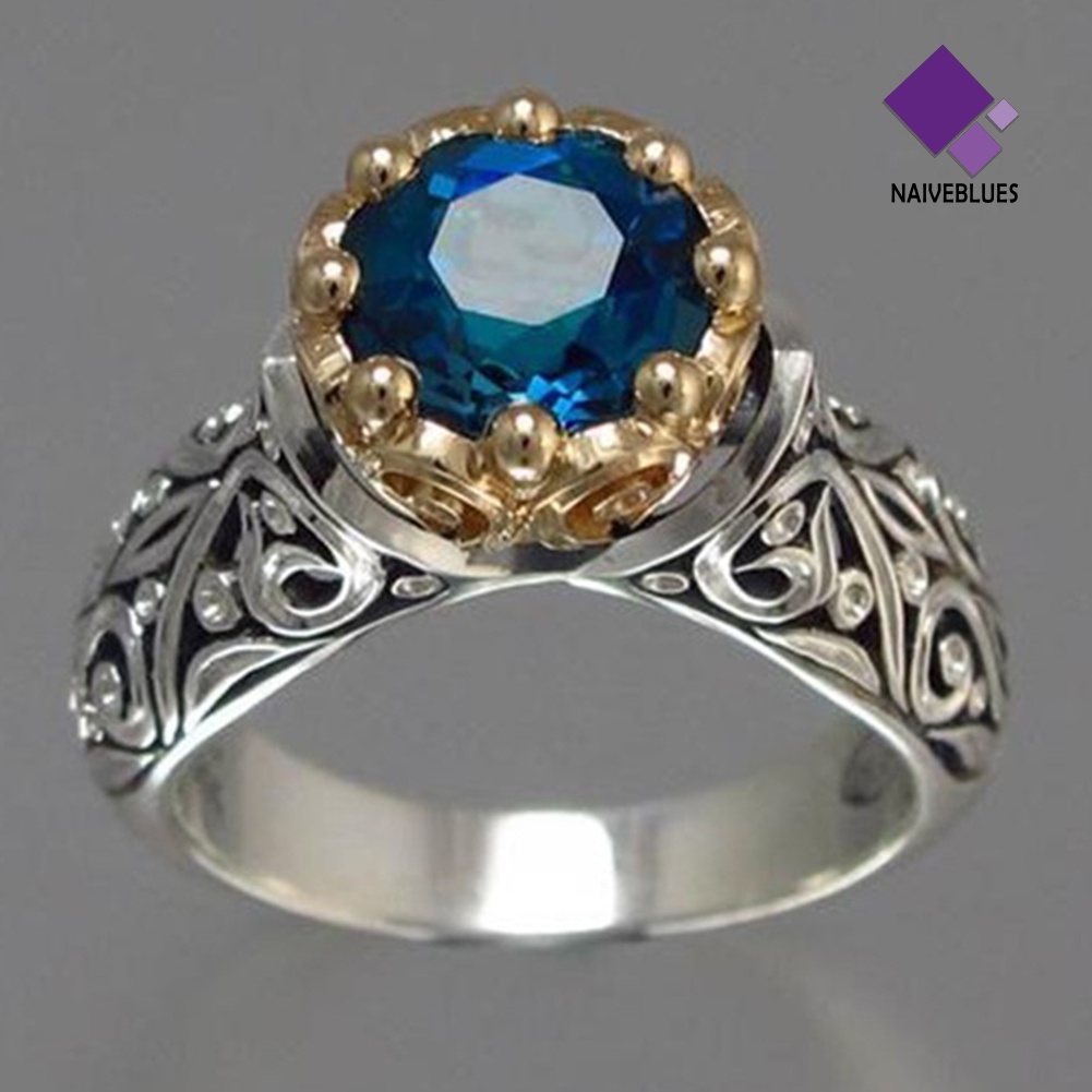 &lt; Naiveblues &gt; Vintage Etnik Wanita Ukir Bulat Topaz Imitasi Berlapis Jari Perhiasan Hadiah