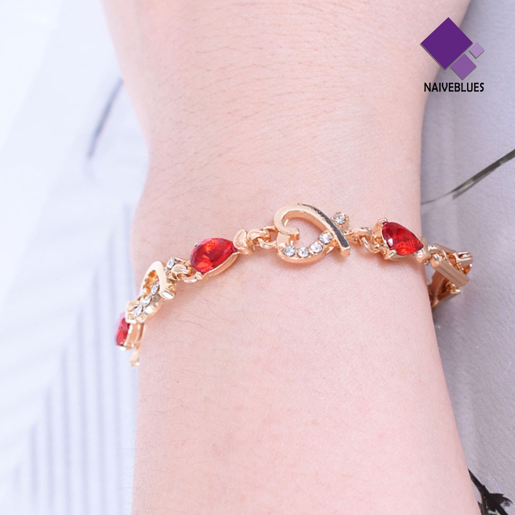 &lt; Naiveblues &gt; Hati Berongga Wanita Gelang Paduan Merah Berlian Imitasi Rantai Gelang Aksesori