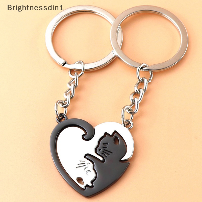 [Brightnessdin1] 1pasang Lucu Kucing Hitam Gantungan Kunci Patchwork Hati Bulat Pasangan Pecinta Keyring Stainless Steel Ransel Kunci Mobil Gantungan Perhiasan Butik