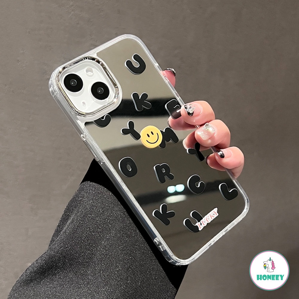 IPHONE Casing Ponsel Cermin Smile Huruf Lucu Kompatibel Dengan Iphone11 13 14 Pro Max12 Pro Lensa Metal Shockproof Pelindung Cover