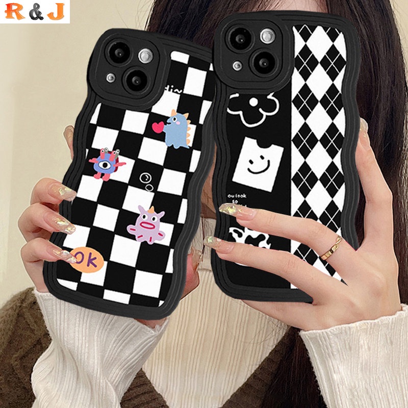 Casing Grid Berlian Kompatibel Untuk iPhone 7Plus 11 Pro Max XR X XS Max 6s 7 8 6 14 Plus 13 11 12 14 Pro Max SE Kartun Lucu Monster Kecil Papan Catur Wavy Edge Soft Case