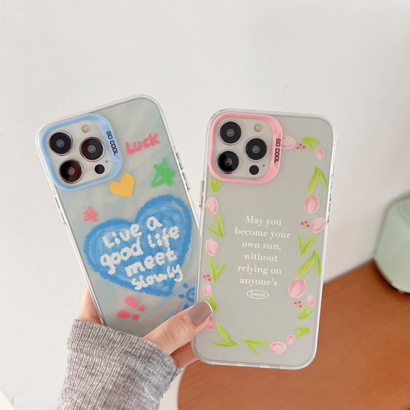 Lucky Blue Love Circle Tulips Skin Feel Soft Case HP iP iPhone 12 13 14 Pro Max 11 Woman Girl FTD Casing Apple