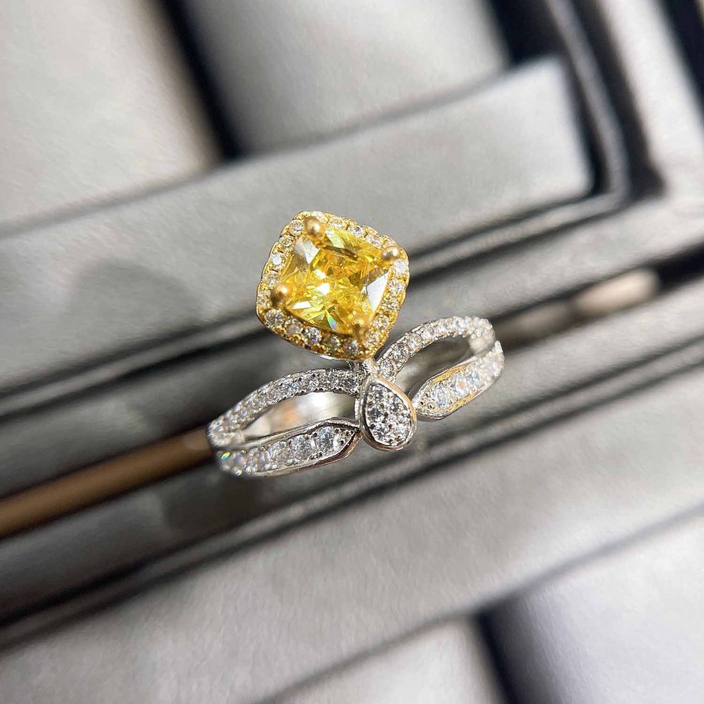 Goldkingdom Aksesoris Perhiasan Fashion Ready Stock Asche Cincin Berlian Kuning Klasik Royal Kristal Kuning Berbentuk Hati Mahkota Mikro Terbuka Cincin
