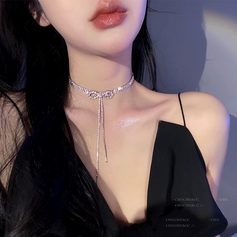 Korea Y2k Perak Zirkon Ikatan Simpul Jantung Choker Fashion Mutiara Rumbai Kupu-Kupu Kalung Untuk Wanita Aksesoris Perhiasan