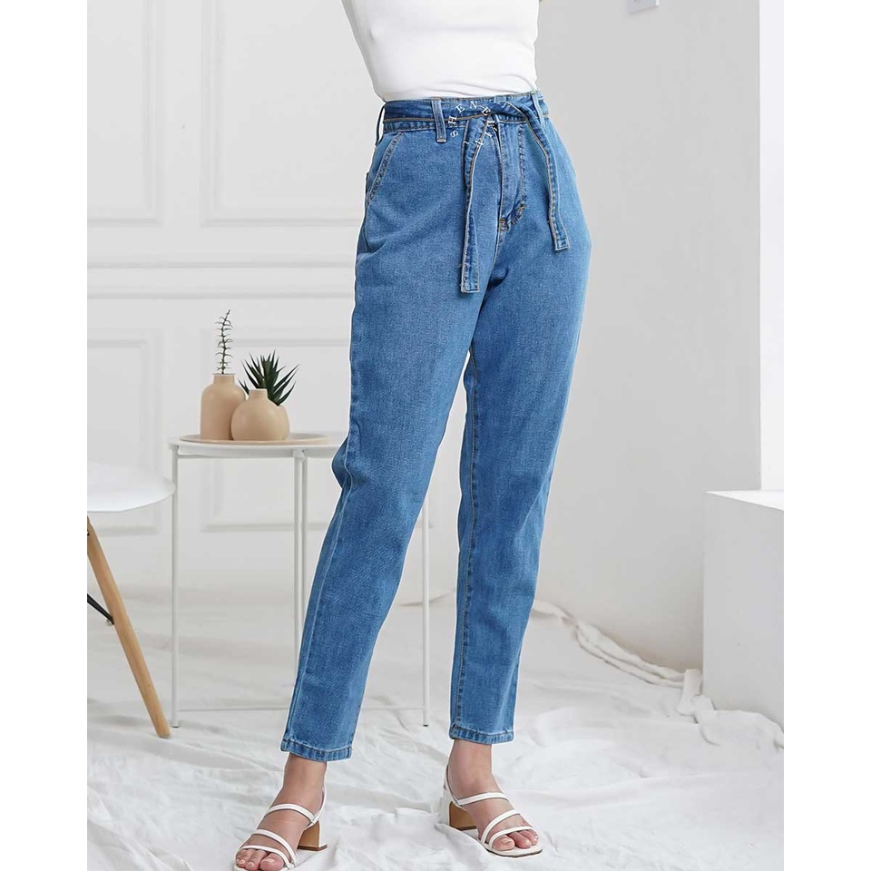 Shenelin celana jeans wanita highwaist boyfriend kekinian panjang eternal