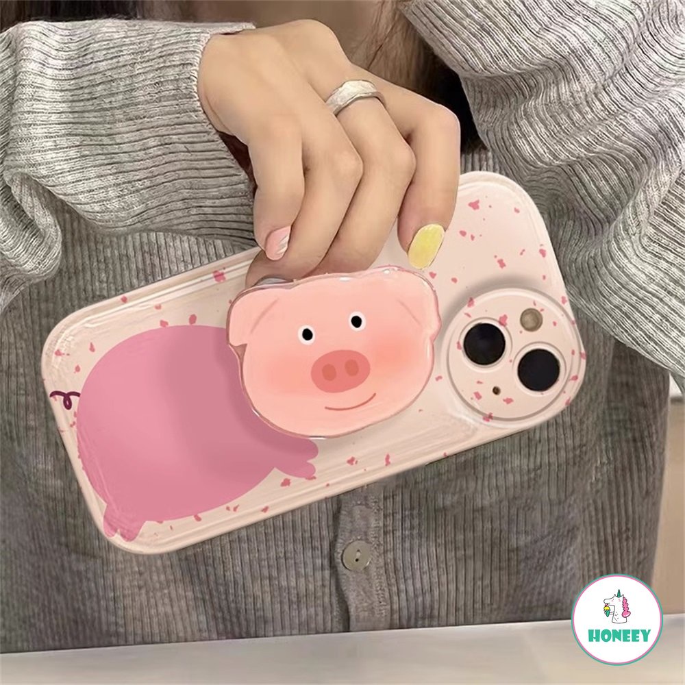 IPHONE Kartun Pink Hidung Babi Holder Silikon Case Kompatibel Dengan Iphone13 12 11 14 Pro Max Shockproof TPU Lembut Penutup Pelindung