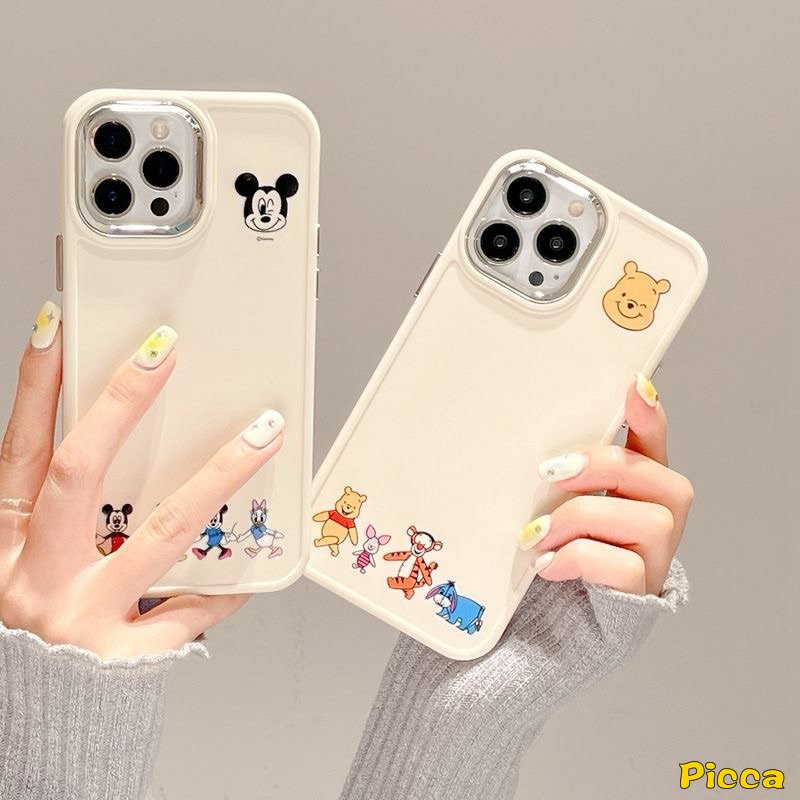 Caroon Disney Mickey Minnie Mouse Case Kompatibel Untuk IPhone 14 11 12 13 Pro MAX X XR 7 8 Plus XS MAX Lucu Winnie The Pooh Bear Pasangan Mewah Plating Bingkai Lensa Metal Soft Cover