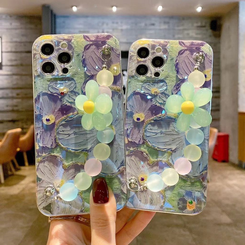 IPHONE Lukisan Minyak Berlian Cahaya Biru Desain Rantai Bunga Ungu Casing Ponsel Kompatibel Dengan Iphone12 11 Pro Max X Xs Max Xr bgvgb