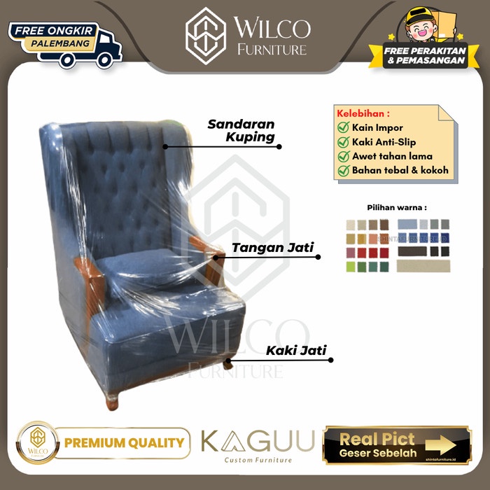 Sofa KAGUU Custom Sandaran Kuping Tangan Jati Belanda Kancing Canvas / Sofa 1 Seater Jumbo