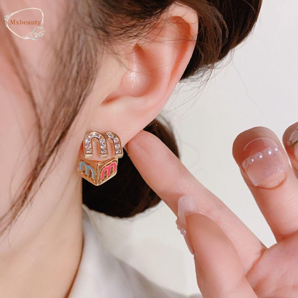 Mxbeauty M Huruf Anting Hadiah Vintage Lingkaran Kubus Enamel Indah Zirkon Stud Earrings