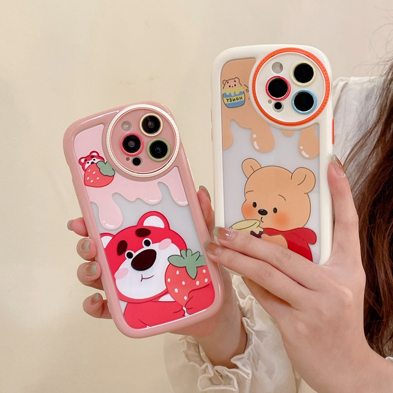 Kamera Melingkar Protect Cream Soft Case IPhone 11 13 12 14 PRO Max Casing Ponsel Untuk Wanita Cewek Imut Strawberry Bear Manyo Winnie the Bear