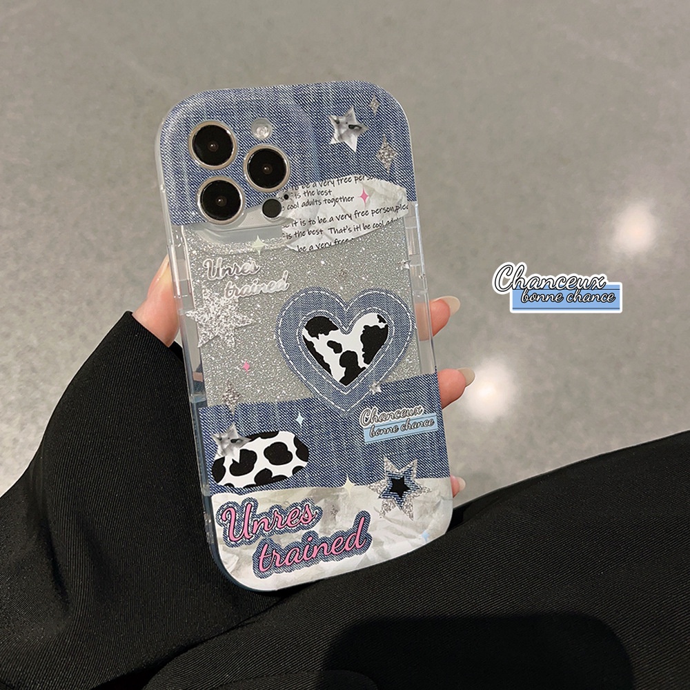 IPHONE Ins Gadis Panas Jahitan Koboi Silikon Case Dengan Kartu Glitter Untuk Iphone14 11 12 13 PRO MAX Casing Cover Pelindung AT0296