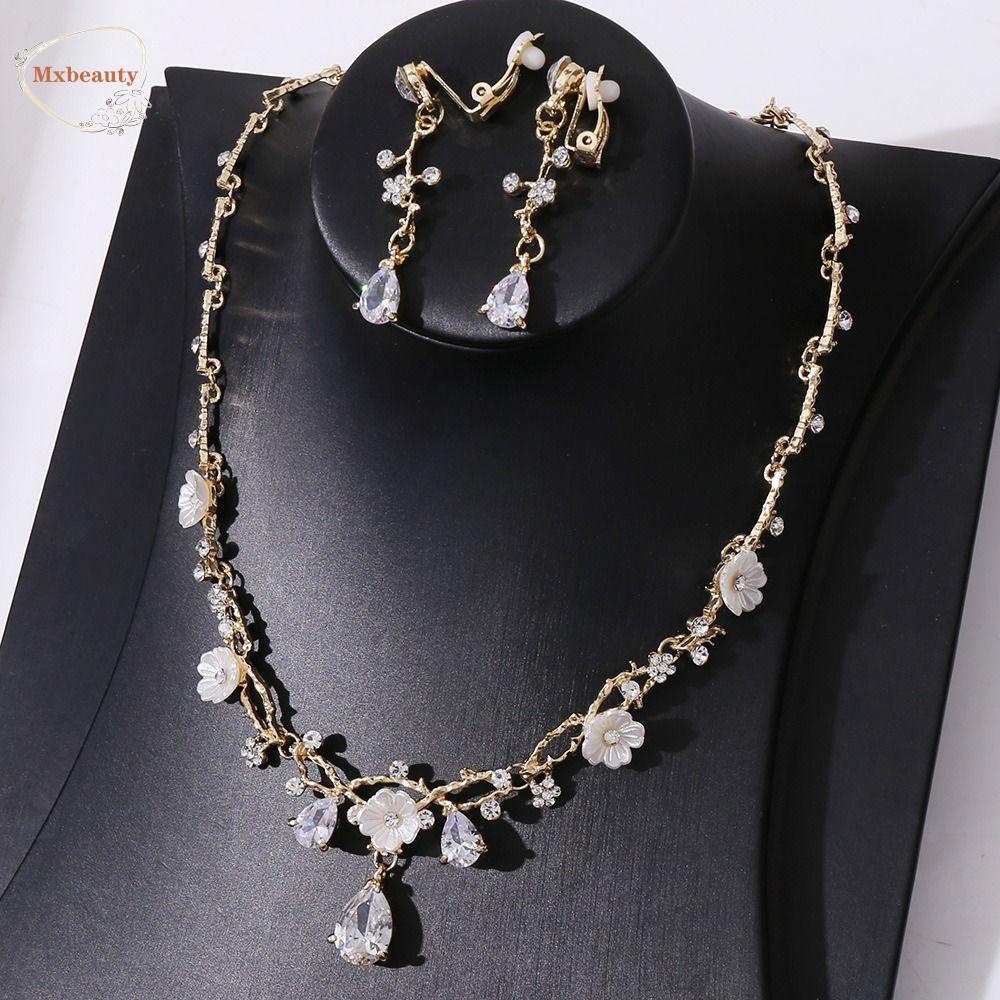 Mxbeauty Set Perhiasan Pernikahan Hadiah Pesta Elegan Daun Mewah Indah Unik Shiny Crystal Necklace