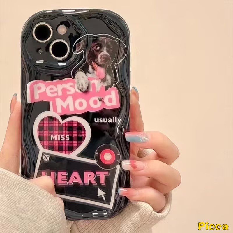 IPHONE Trendy Keren Kartun Kucing Anjing Lucu Love Heart Letter Case Kompatibel Untuk Iphone11 14 12 13 Pro Max XR 7Plus 6s 6 7 8 Plus X XS Max SE 2020 3D Wavy Curved Edge Soft Cover