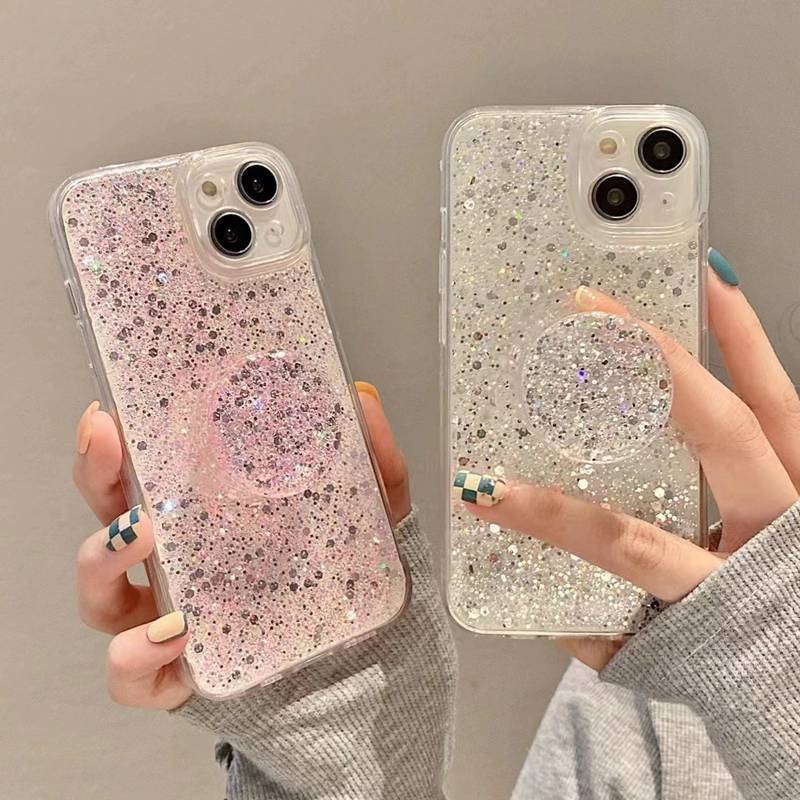 Crystal Pink Starry Sky Popsocket Soft Case for IPhone 7 8 Plus X XS XR XS Max 11 13 12 14 PRO Max 14 Plus Clear Phone Case for Girl Women Gift