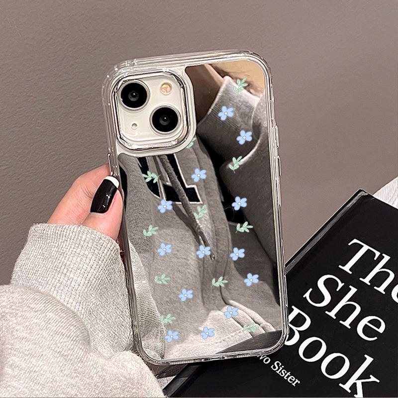 IPHONE Casing Ponsel Cermin Bunga Biru Kecil Segar Kompatibel Untuk Iphone11 12 13 14 12Pro 13Pro 14Pro Pro Max XR X XS Max Electroplating Tombol Perlindungan Mirror Cover
