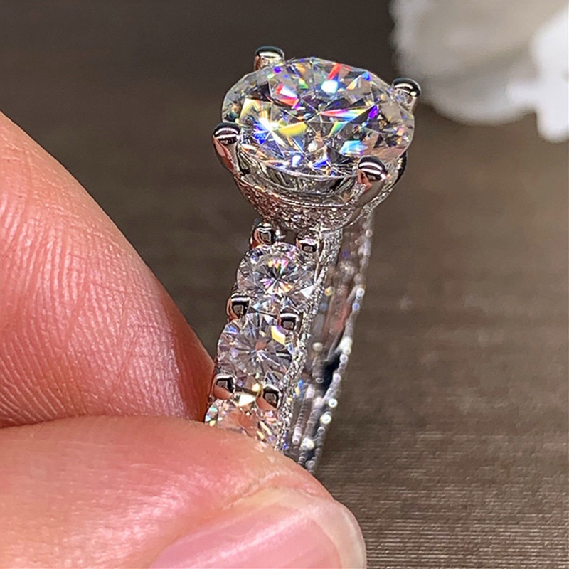 Full Paved Bulat Cubic Zirconia Eternity Promise Rings Mewah Pertunangan Pernikahan Band Aksesori Untuk Wanita Perhiasan Trendi