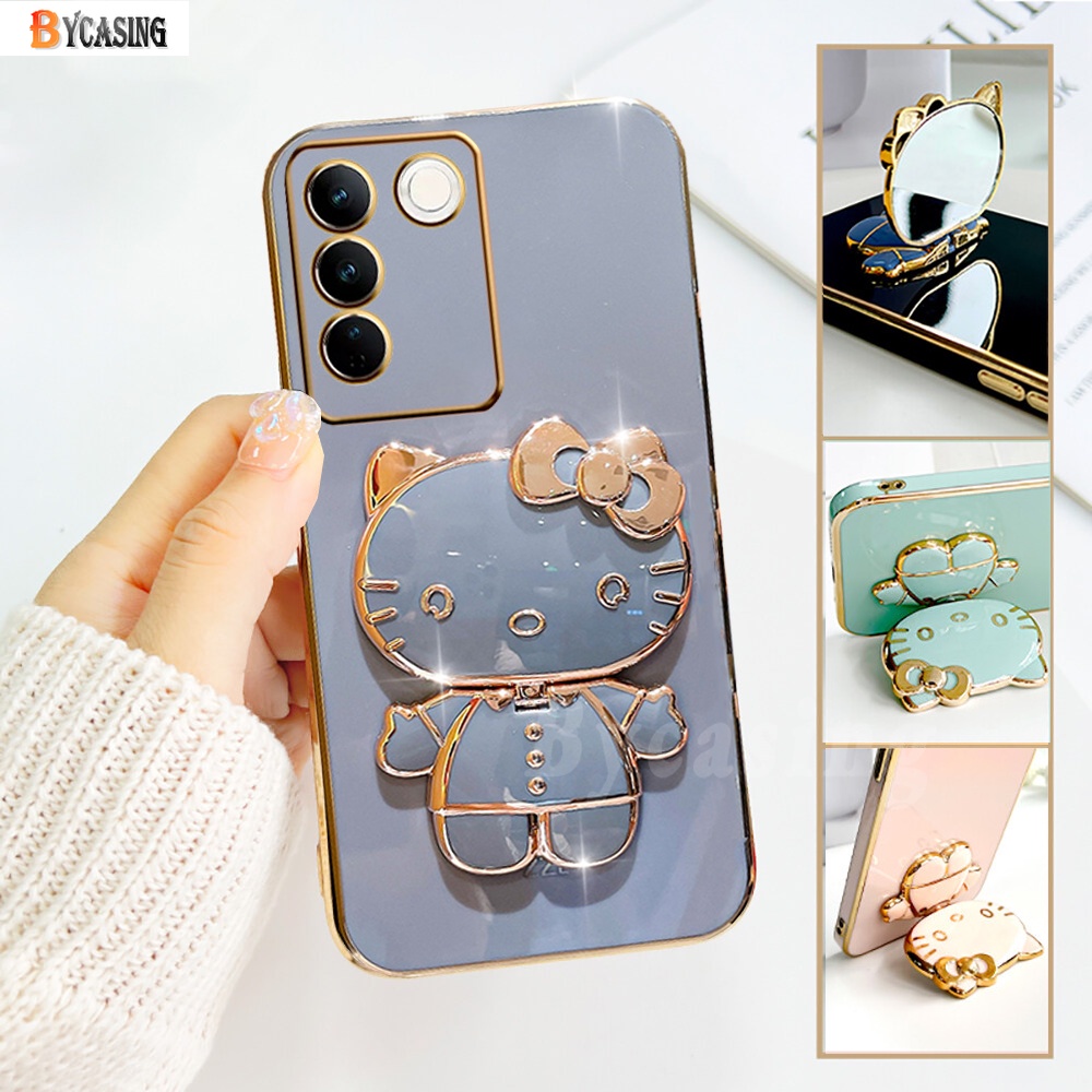 Vivo V27e V25 V25e V21 V23e V21e V20 SE V19 NEO IQOO Z7X Mewah Kitty Kucing Lipat Stand Makeup Mirror Holder Plating Karet Soft Phone Case BY