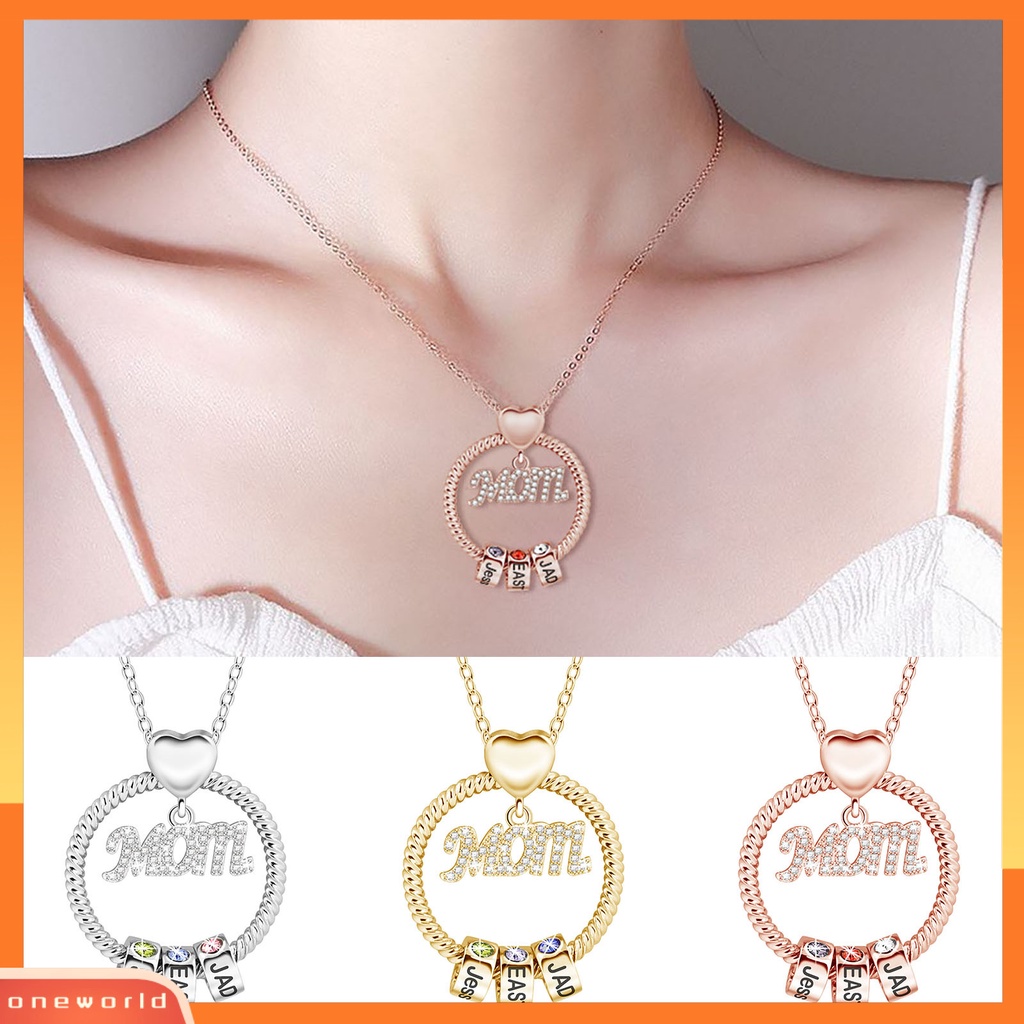 [ONE] Wanita Lingkaran Liontin Birthstone Beads Mom Letter Chain Necklace Perhiasan DIY Untuk Hari Ibu