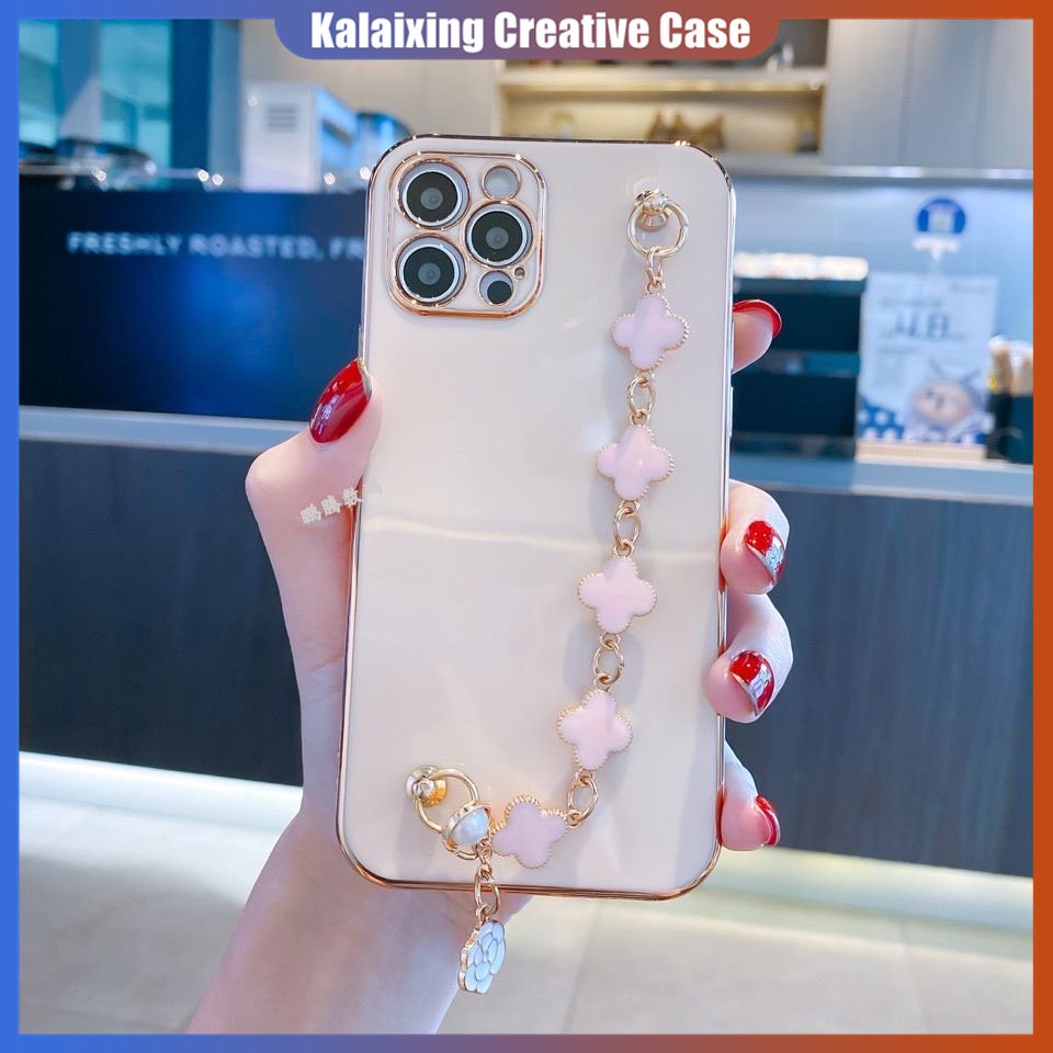 IPHONE Gelang Logam Clover Lapis Mewah Casing Rantai Ponsel Untuk Iphone12 13 MiNi 11 ProMax XR XS X7 8 Plus Soft Case