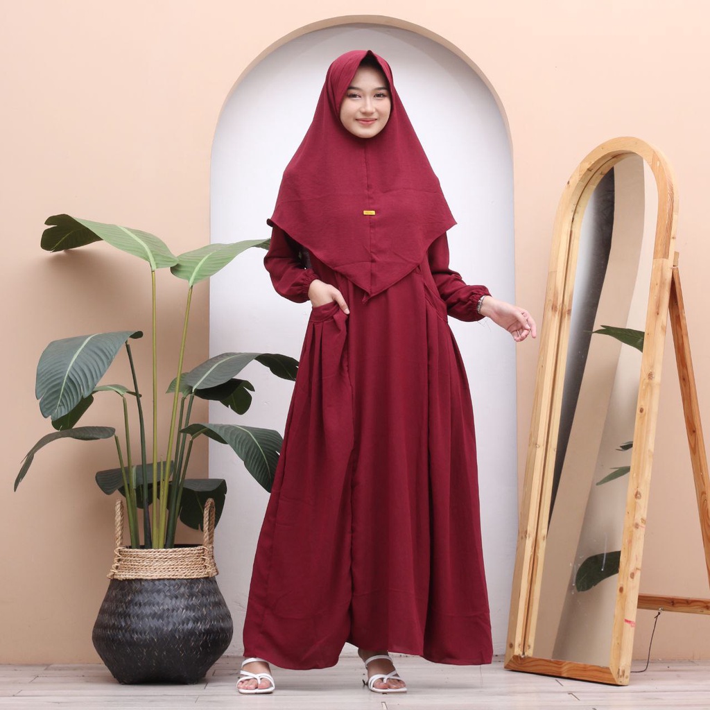 Aleena Set Gamis Bergo One Set Wanita Crinkle Airflow Setelan Wanita Setelan Wanita Gamis Bergo Pet Lengan Panjang Set Baju Muslim Kekinian LD 110 cm