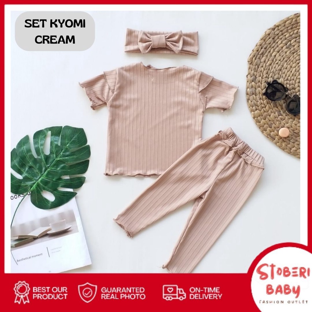 stoberi baby - BBB KYOMI setelan bayi newborn motif bunga polos lucu free headband pita