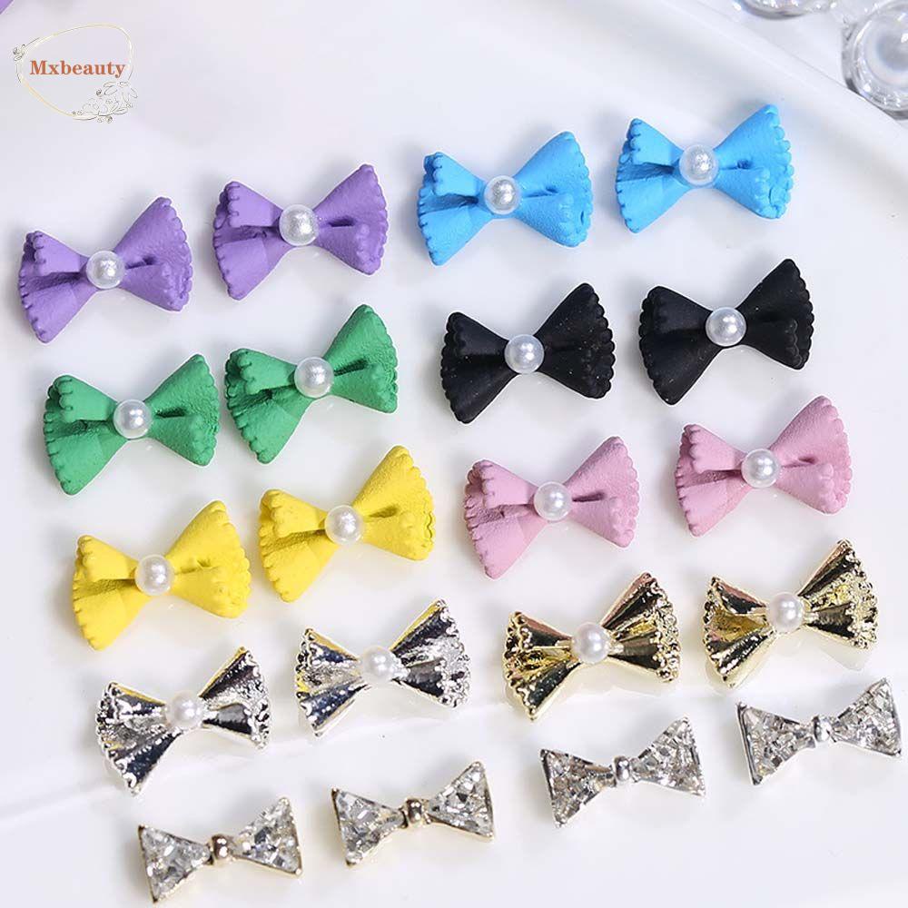 Mxbeauty Hiasan Nail Art 2pcs Warna Silver Candy Color Bownot Rhinstone Pearl Bow Busur Kuku Charms
