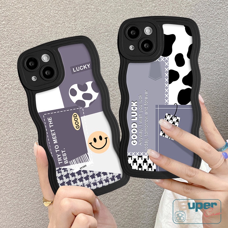 Art Splicing Smiley Pattern Back Case Kompatibel Untuk iPhone 7Plus 13 11 12 14 Pro Max XR 6s 6 7 8 Plus X XS Max SE 2020 Wavy Edge Fashion Cute Houndstooth Leopard Soft Tpu Cover