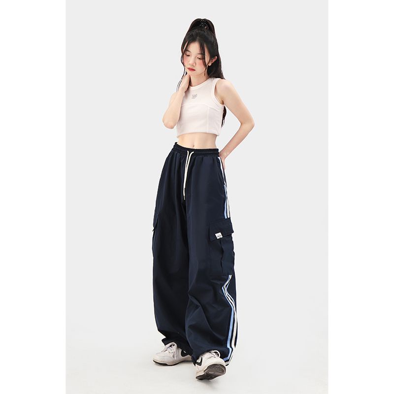 Celana Wanita Cargo Pants Oversize Splicing Stripe Casual Pants