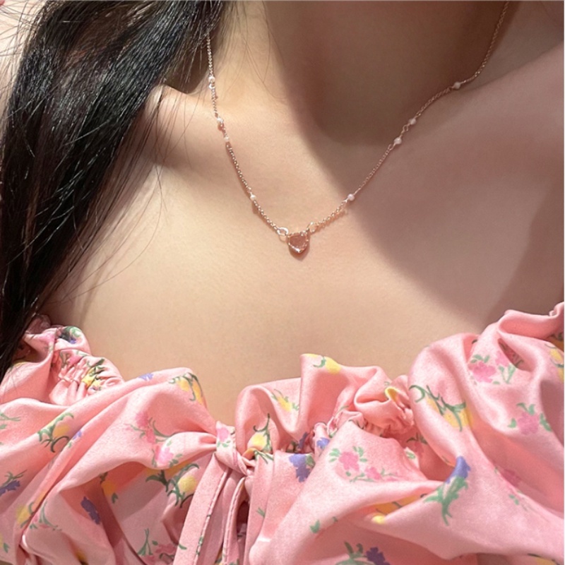 Papaozhu Vintage 14 K Emas Manik-Manik Mutiara Rantai Tulang Selangka Opal Mengkilap Hati Liontin Kalung Untuk Wanita Perempuan Elegan Merah Muda Cinta Pesona Kalung Perhiasan Aksesoris