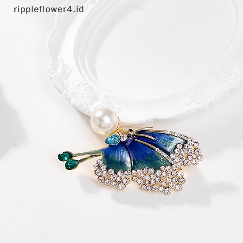 {rippleflower4.id} Fashion Enamel Berlian Imitasi Mutiara Kupu-Kupu Bros Pin Untuk Wanita Pakaian Pesta Perhiasan Aksesoris Hadiah~