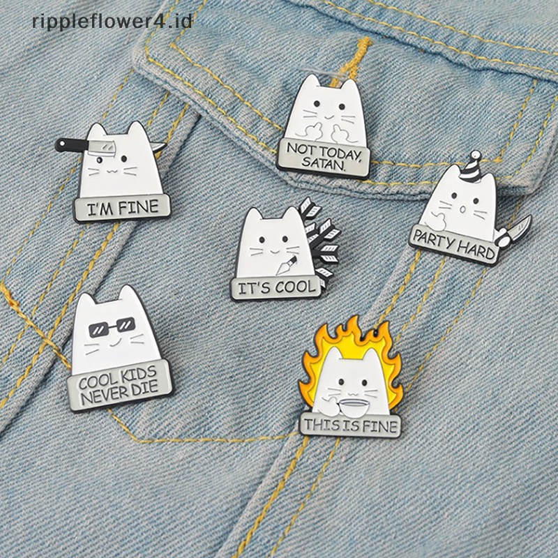 {rippleflower4.id} I'm FINE Enamel Pins Custom COOL KIDS NEVER DIE NOT TODAY Setan Cat Bros Lapel Badge Fun Cartoon Jewelry Gift Untuk Teman Anak~