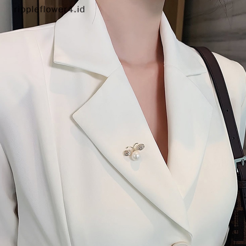 {rippleflower4.id} Berlian Imitasi Baru Kupu-Kupu Kerah Pin Besar Mutiara Imitasi Bros Pin Hadiah~