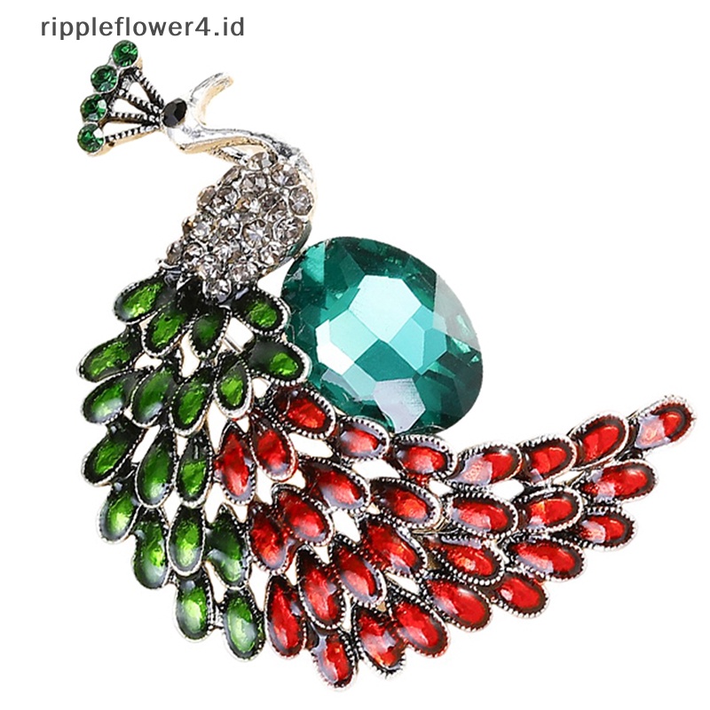 {rippleflower4.id} Retro Pin Bros Merak Berlian Imitasi Merah Untuk Wanita Bros Perhiasan Aksesoris~