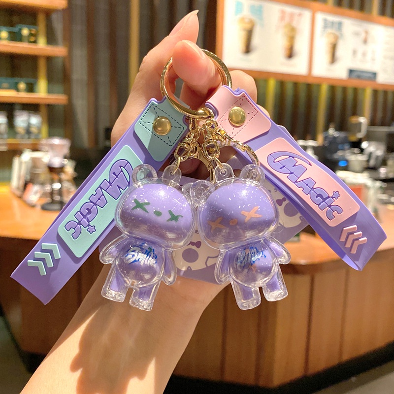 Transparan Kartun Lucu Akrilik Kristal Beruang Mobil Rumah Gantungan Kunci Keychain Tas Phone Case Bluetooth Earphone Cover Charms Liontin Hadiah Untuk Pria Wanita