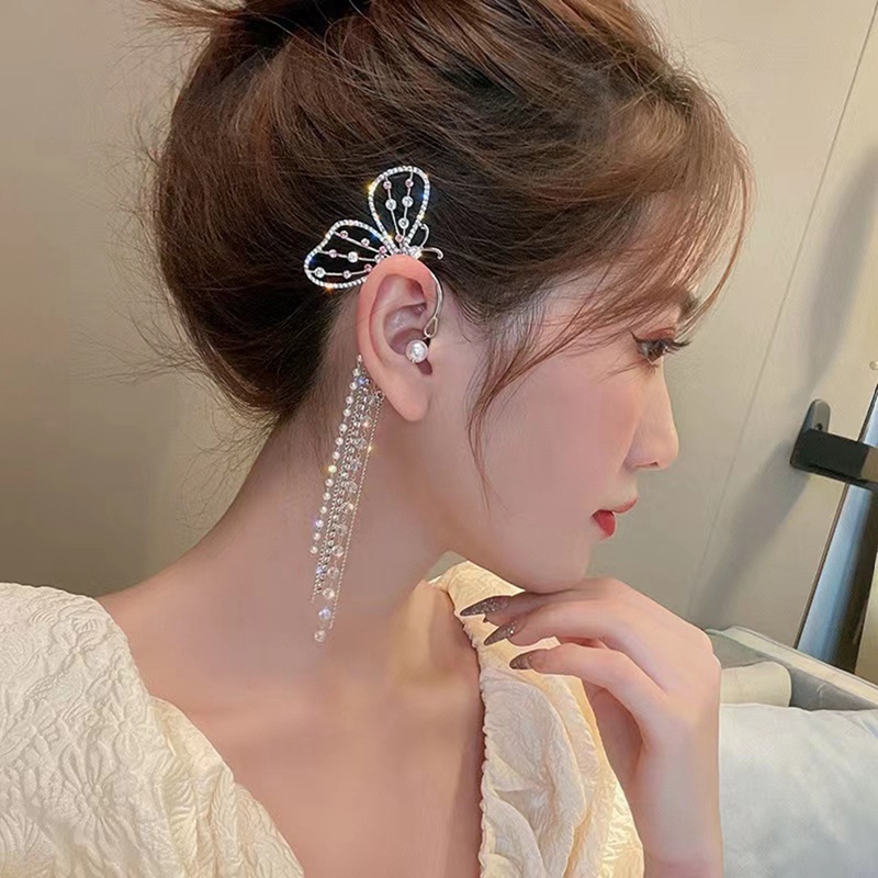 Fashion Kristal Kupu-Kupu Klip On Anting Mutiara Manik Telinga Manset Jumbai Panjang Pesona Berongga Anting Untuk Wanita Klip Perhiasan Hadiah