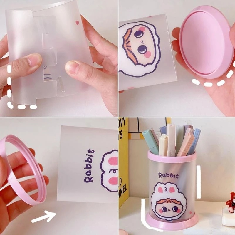 Kawaii Bulat Transparan Plastik Frosted Tempat Pulpen Alat Tulis Kantor Meja Organizer Lucu Removable Kotak Penyimpanan Siswa Perlengkapan Sekolah