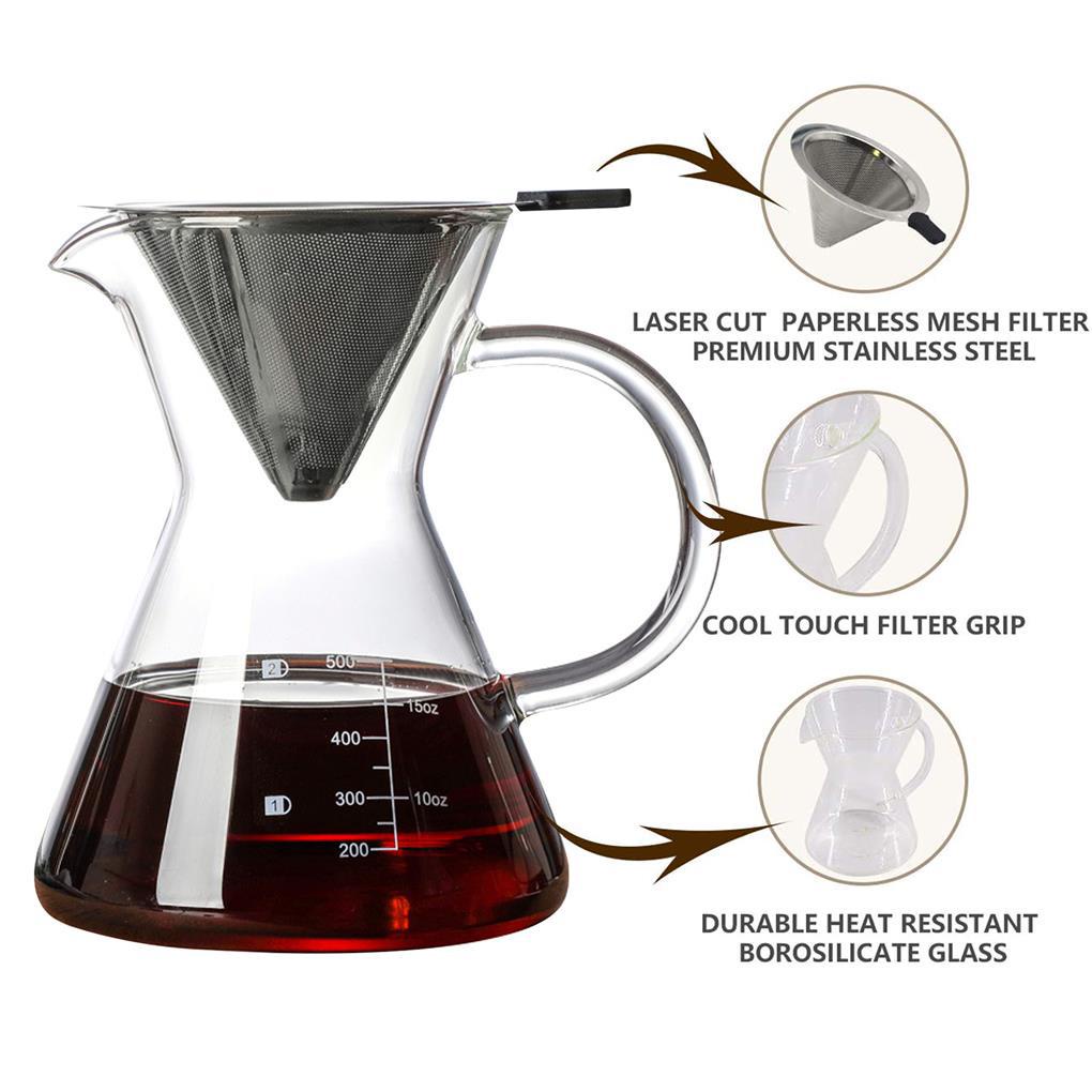 Teko Kopi Kaca 500ml Dengan Filter Stainless Steel Coffee Dripper Pot Untuk Rumah Kantor