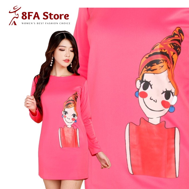 Mini Dress Wanita Korea Pesta Casual Dress Cewek Remaja Lengan Pendek motif Kartun Printing