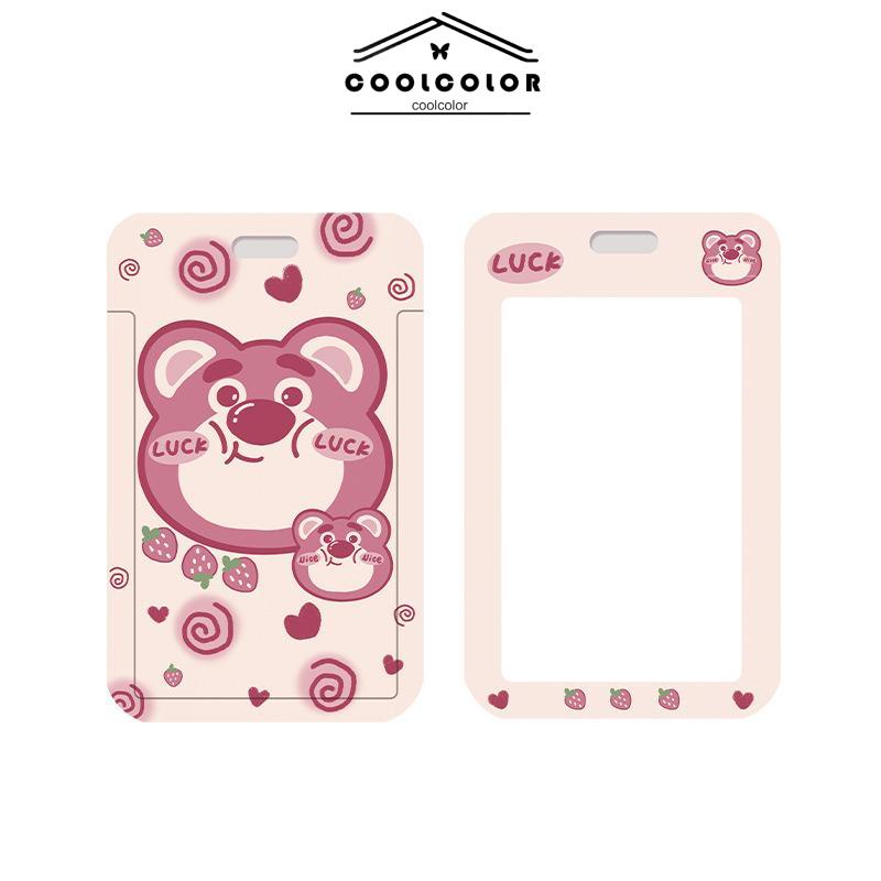 COD❤️Strawberry Bear Slid Cover Plastik Kartun Set Kartu Mahasiswa Kampus Kartu Tali Panjang Pelindung- cl