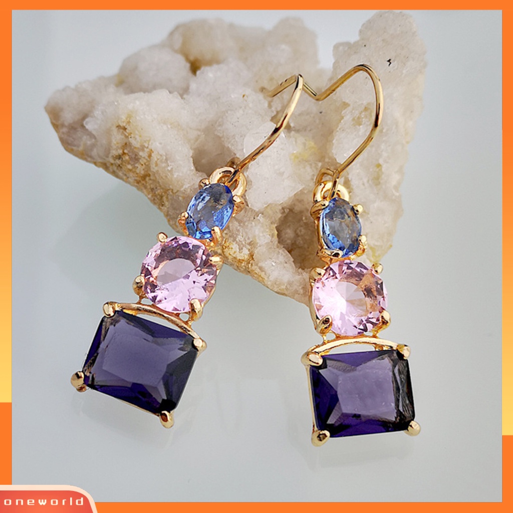 [WOD] 1pasang Anting Kait Warna-Warni Cubic Zirconia Wanita Semua Cocok Anting Drop Ringan Untuk Pernikahan