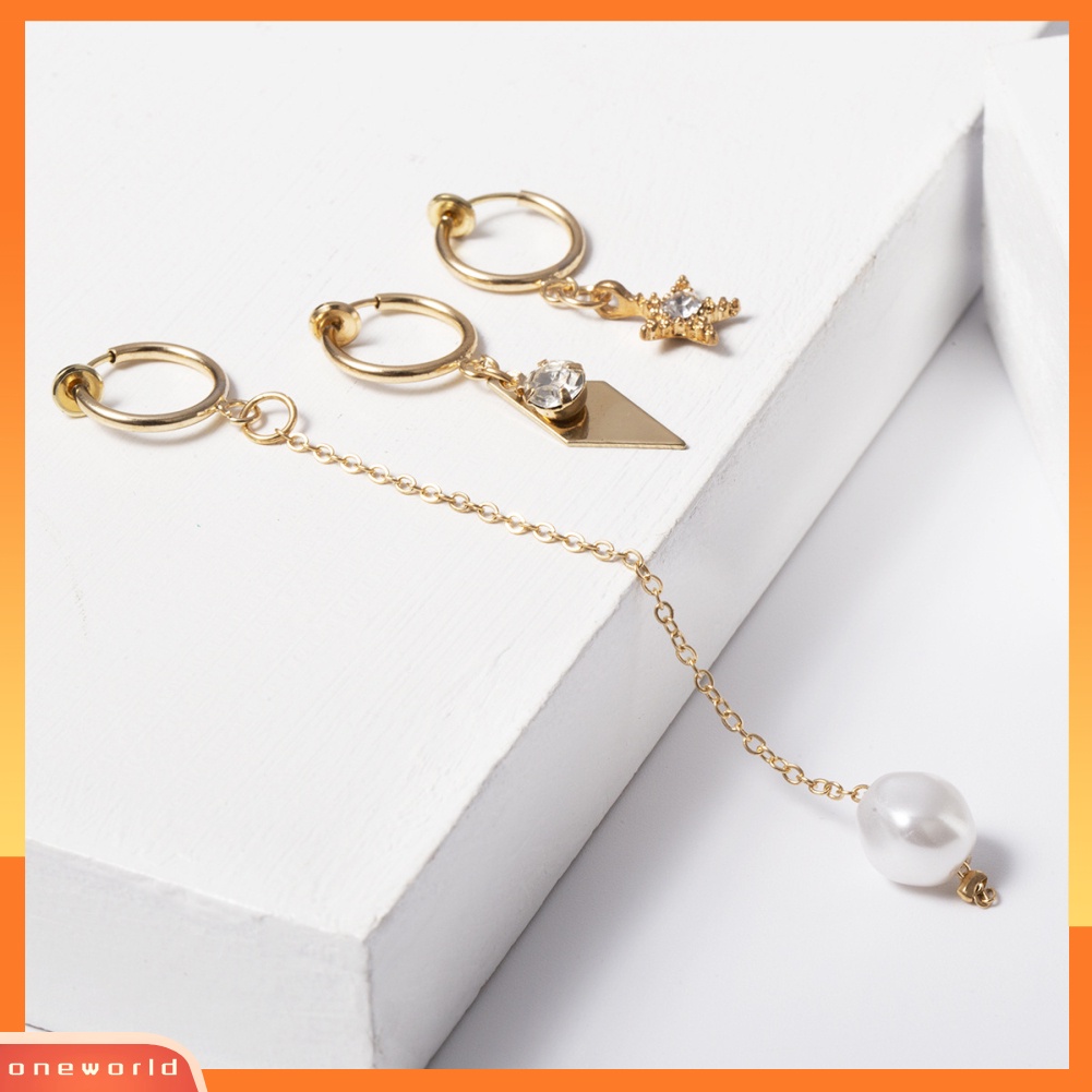 [WOD] 3 /4 Pcs Wanita Berlian Imitasi Bintang Geometri Menjuntai Telinga Studs Huggie Earrings Jewelry