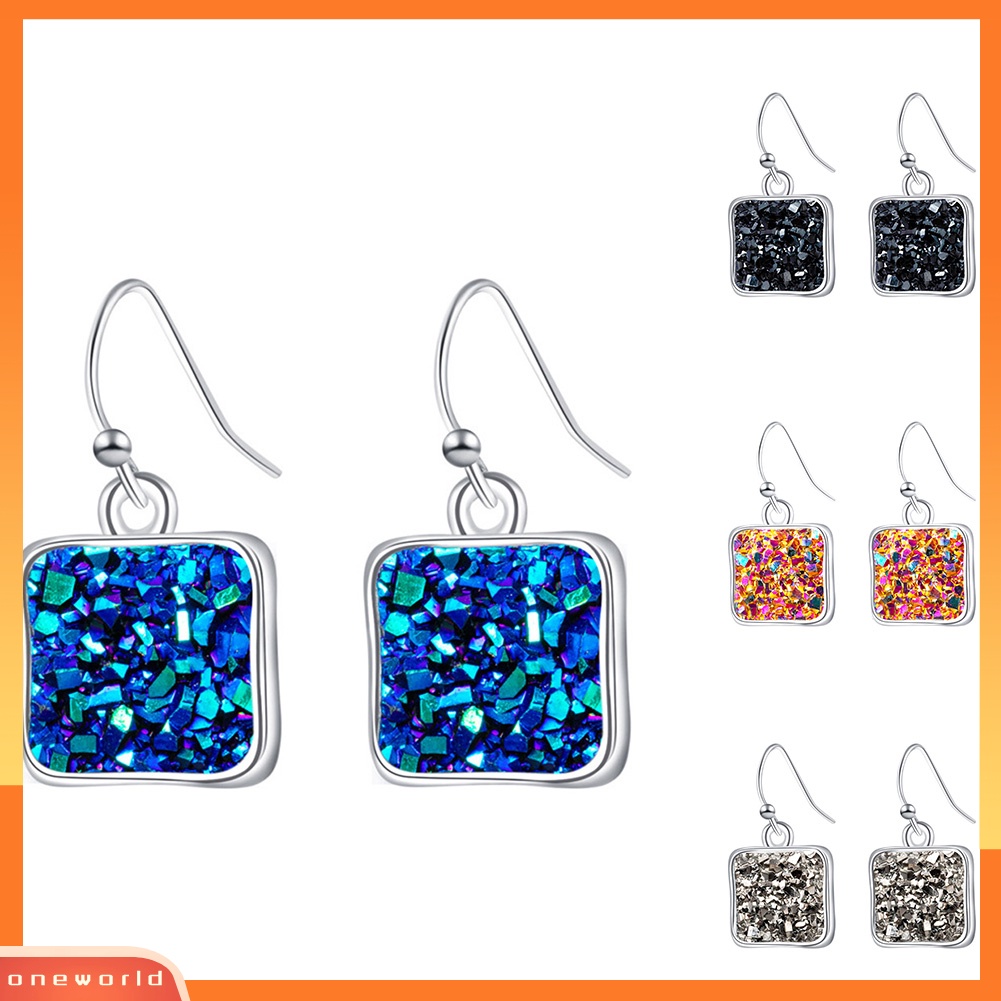 [WOD] Fashion Wanita Druzy Square Geometris Menjuntai Drop Hook Anting Perhiasan Hadiah